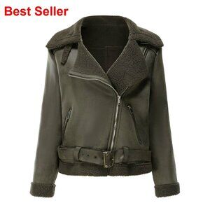 Faux Suede Sherpa Lined Moto Jacket Asymmetric Zipper Warm Winter Coat